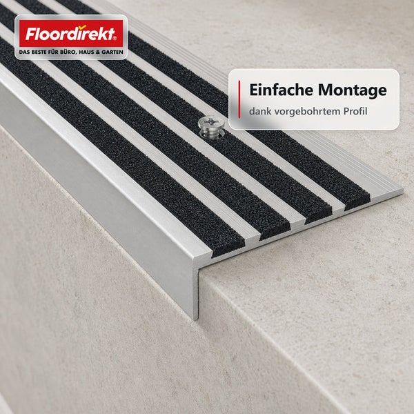 Treppenkantenprofil aus Aluminium mit Antirutschstreifen für die einfache Montage auf Treppenstufen inklusive Floordirekt Logo