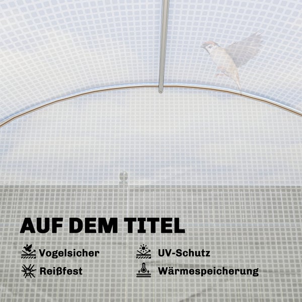 Gewächshausfolie mit Vogelschutz, UV-Schutz, Reißfestigkeit und Wärmespeicherung.