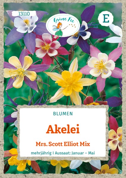 Samentüte für Akelei Mrs. Scott Elliot Mix von Grüne Fee, Abbildung bunter Akeleiblüten, mehrjährig, Aussaat von Januar bis Mai.