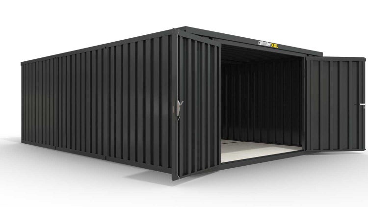 Lagercontainer Gerätehaus XL3  – 32 qm, H2150 x B5080 x T6520 mm, Außenwandlackierung anthrazit, Dach außen verzinkt, mit Holzfußboden, 2750 mm Doppelflügeltür mittig in Stirnseite, montiert