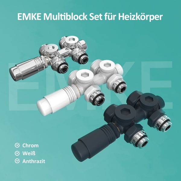 EMKE Heizkörper Multiblock Anschlussgarnitur Hahnblock Ventil Thermotstat Eck- und Durchgangsform φ16xG1/2 Chrom