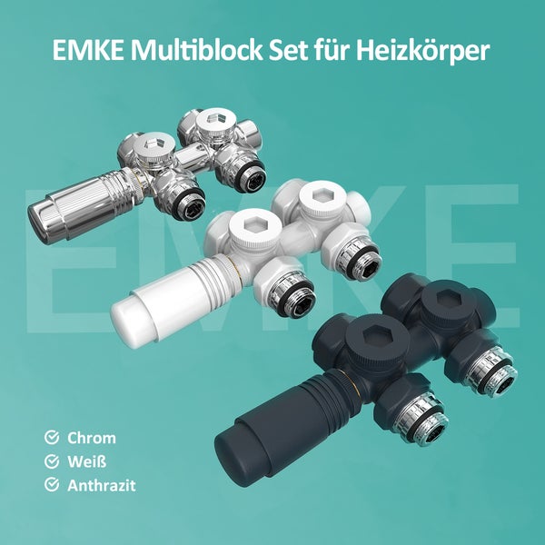 EMKE Heizkörperthermostat Multiblock-Set – Anschlussarmatur mit Thermostat für Heizkörper und Handtuchtrockner, Heizungszubehör in Eck- und Durchgangsform φ16xG1/2, Chrom