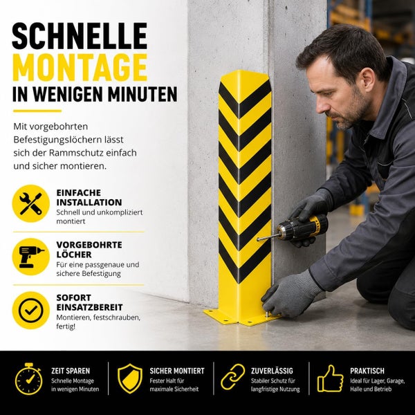 Montage eines gelb-schwarz gestreiften Rammschutzes an einer Betonsäule mit einem Akkuschrauber und Hinweisen zur einfachen Installation.