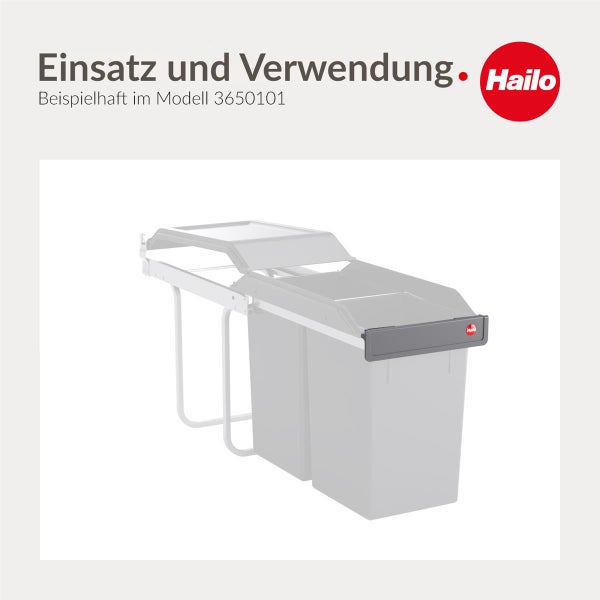 Hailo Logo. Anwendung und Einsatz eines Hailo Mülltrennsystems mit zwei Behältern und Deckel auf einem Auszugsystem.