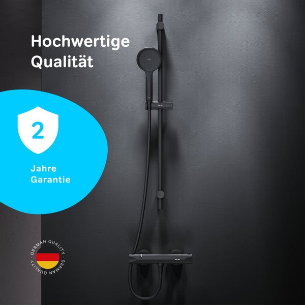 Duschsystem mit Handbrause, Brausestange und Thermostatarmatur, mattes Design, mit zwei Jahren Garantie und deutschem Qualitätssiegel.