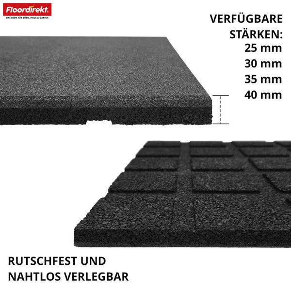 Floordirekt Logo. Fallschutzmatte aus Gummigranulat, profilierte Unterseite, strukturierte Oberfläche, Stärken von 25 bis 40 Millimeter.