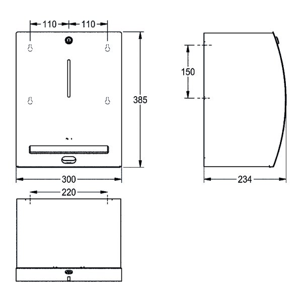 Maßzeichnung für Handtuchspender mit den Abmessungen 385 mal 300 mal 234 Millimeter.