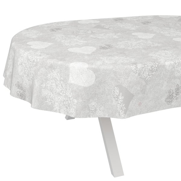 Ovale Wachstuchtischdecke mit Herz- und Blumenmuster