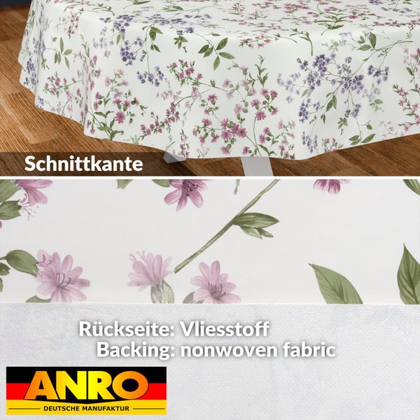 Abwaschbare Wachstuch-Tischdecke mit Blumenmuster, Schnittkante und Vliesrückseite, ANRO Deutsche Manufaktur Logo.