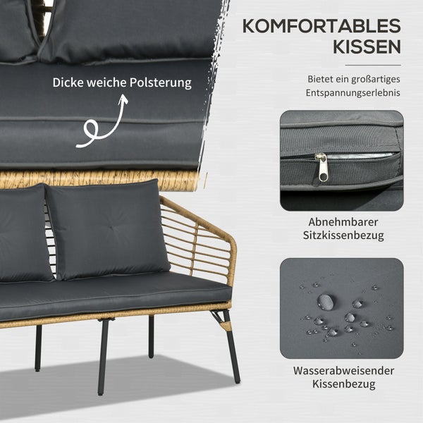 Outsunny 4 tlg. Gartenmöbel-Set, Rattan Sitzgarnitur mit Kissen, Sitzgruppe mit 3 Sesseln, 1 Couchtisch, Balkonmöbel im Boho-Stil für 4 Personen, Sand+Dunkelgrau