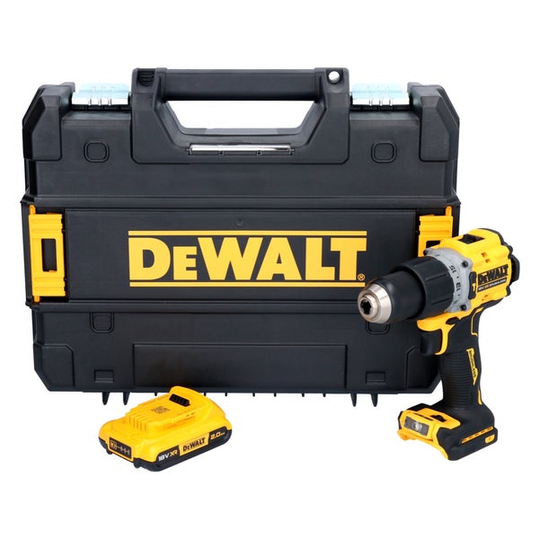 DeWALT Akku-Bohrschrauber 18 Volt XR bürstenlos mit 2,0 Amperestunden Akku und Transportkoffer mit DeWALT Logo.