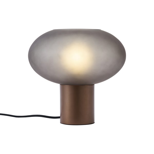 Moderne Tischleuchte mit bronzefarbenem Metallsockel und einem ovalen Schirm aus mattem Rauchglas.