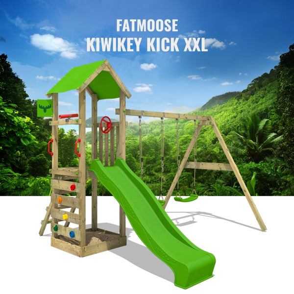 FATMOOSE Spielturm KiwiKey mit Schaukel und apfelgrüner Rutsche mit Sandkasten, Leiter und Spiel-Zubehör