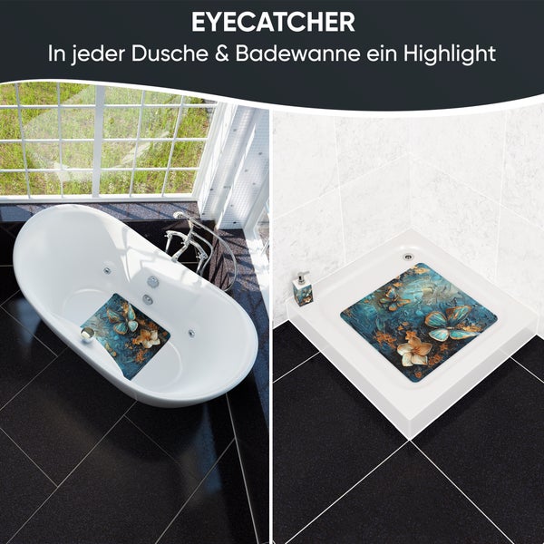 Badezimmeransicht mit Badewanne und Dusche mit Badematte mit Schmetterlingsmotiv