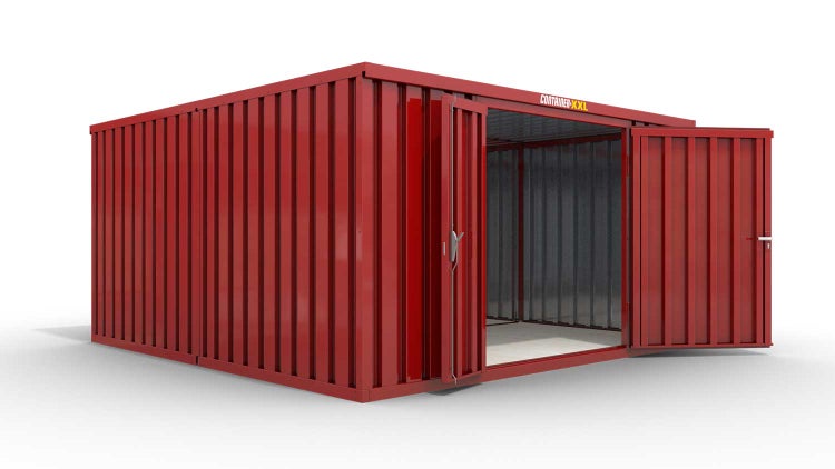 Lagercontainer Gerätehaus L2  – 16 qm, H2150 x B4050 x T4340 mm, Außenwandlackierung RAL 3000 feuerrot, Dach außen verzinkt, mit Holzfußboden, 1830 mm Doppelflügeltür mittig in Stirnseite, montiert