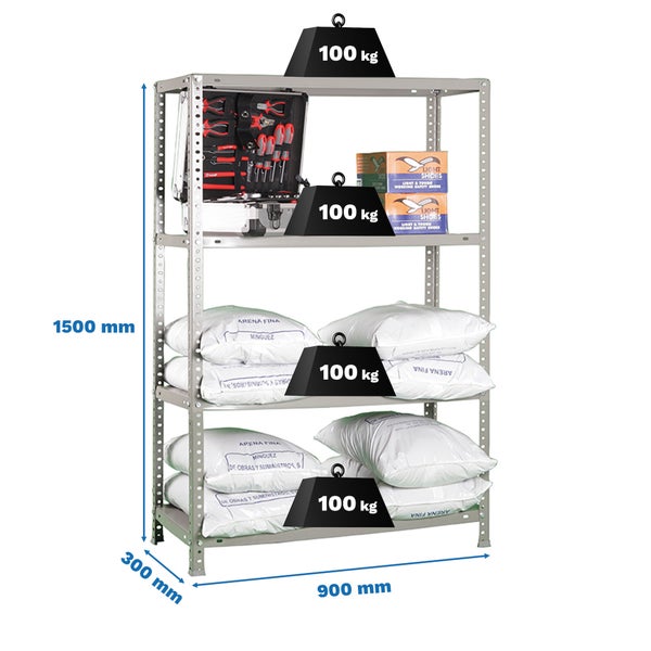 Metallregal mit vier Fachböden, Tragkraft 100 Kilogramm pro Boden, Maße 1500 x 900 x 300 Millimeter.