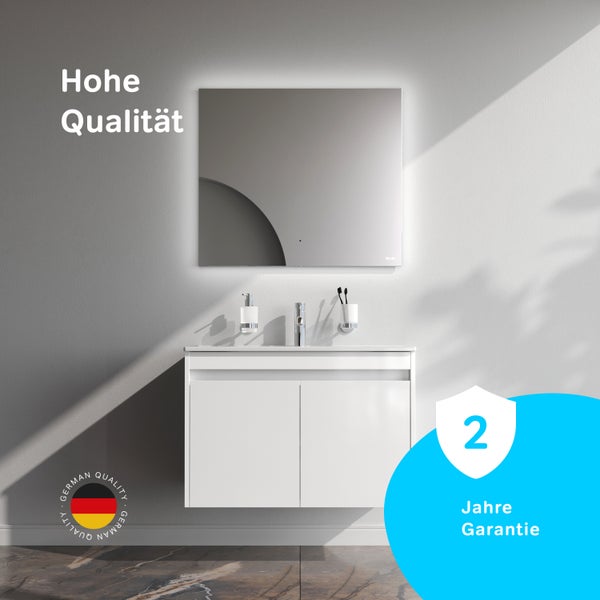 Moderner Waschplatz mit Waschtischunterschrank und beleuchtetem Wandspiegel, deutsche Qualität mit zwei Jahren Garantie.