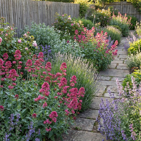 Gartenweg aus Natursteinplatten gesäumt von üppigen Staudenbeeten mit Spornblumen, Lavendel und Katzenminze vor einem Holzzaun.
