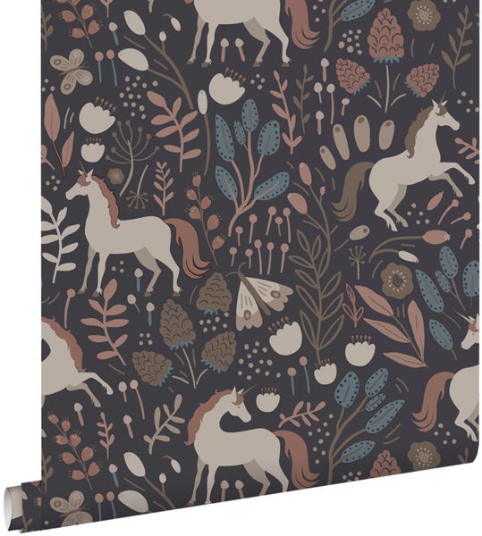 ESTAhome Tapete Einhörner Dunkelblau und Braun - 50 x 900 cm - 131462