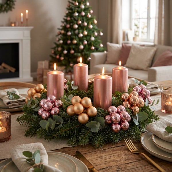 Festlich dekorierter Adventskranz mit vier brennenden Kerzen, Tannengrün und Christbaumkugeln auf einem gedeckten Holztisch im Wohnzimmer.