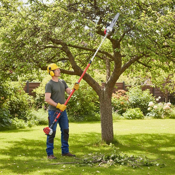 Mann mit Hochentaster beim Baumschnitt im Garten
