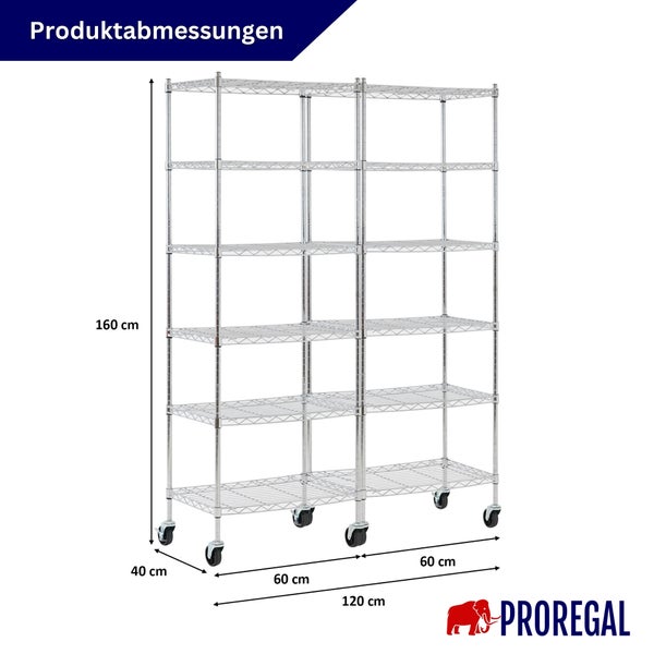Metall-Gitterregal auf Rollen mit sechs Böden. Abmessungen: Höhe 160 Zentimeter, Breite 120 Zentimeter, Tiefe 40 Zentimeter. Proregal Logo.