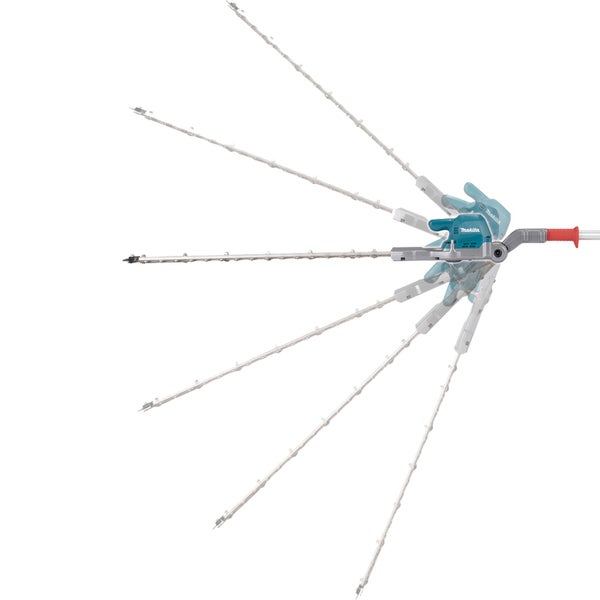 Makita Heckenschneider-Aufsatz mit Darstellung des verstellbaren Schnittwinkels in verschiedenen Positionen.