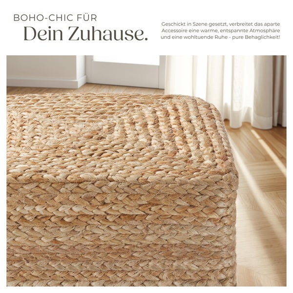 Nahaufnahme eines geflochtenen Jutepuffs im Boho-Stil