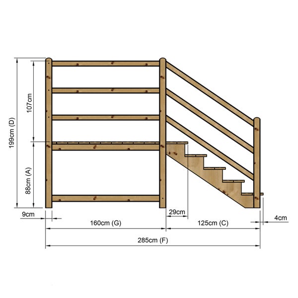 Illustration eines Hochbetts mit Treppe und Größenangaben in Zentimetern.