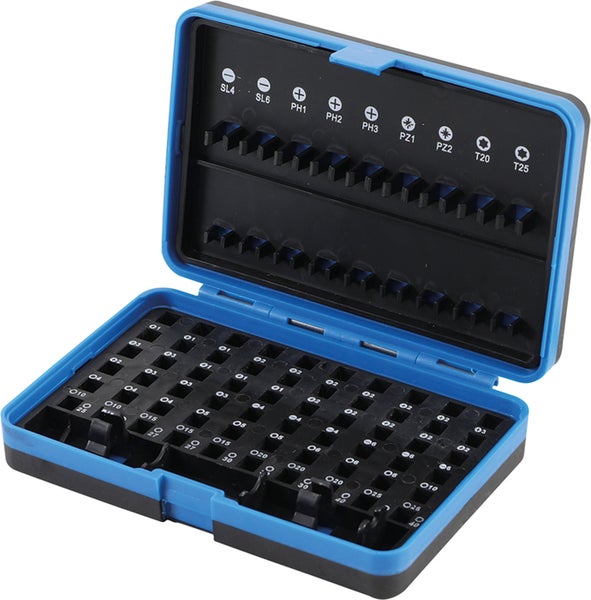 Leere Bit-Box aus Kunststoff in Blau und Schwarz mit Beschriftungen für verschiedene Bit-Typen und Größen.