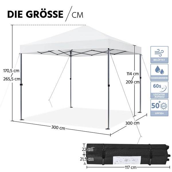 Größenangaben für ein weißes Faltzelt inklusive Tragetasche