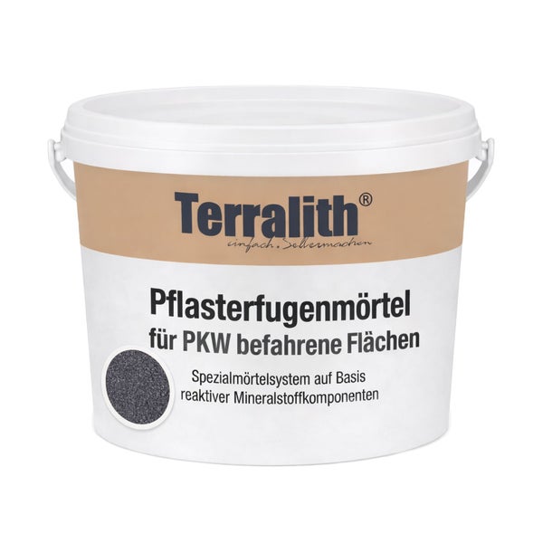 Terralith Pflasterfugenmörtel für mit Personenkraftwagen befahrene Flächen, Spezialmörtelsystem auf Basis reaktiver Mineralstoffkomponenten.