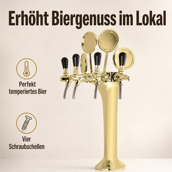 Goldene Bier-Schankanlage mit drei Zapfhähnen, Kühleinheit und Symbolen für Gastronomie-Eignung, konstanter Kühlung und hoher Qualität.