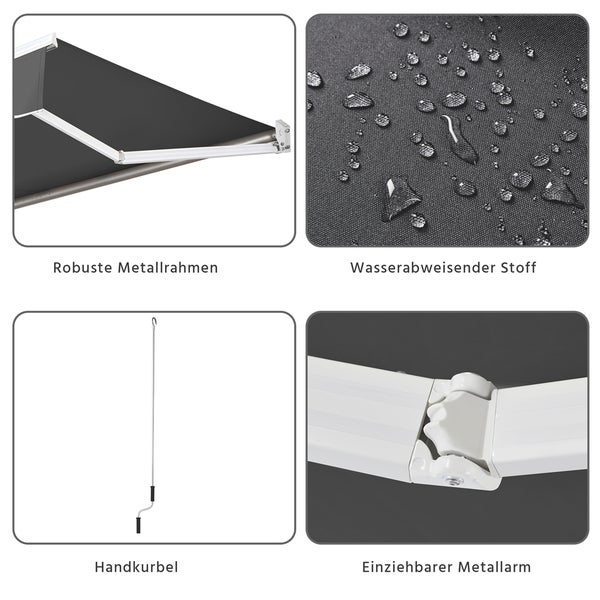 Detailansicht einer Markise mit robustem Metallrahmen, wasserabweisendem Stoff, Handkurbel und einziehbarem Metallarm.