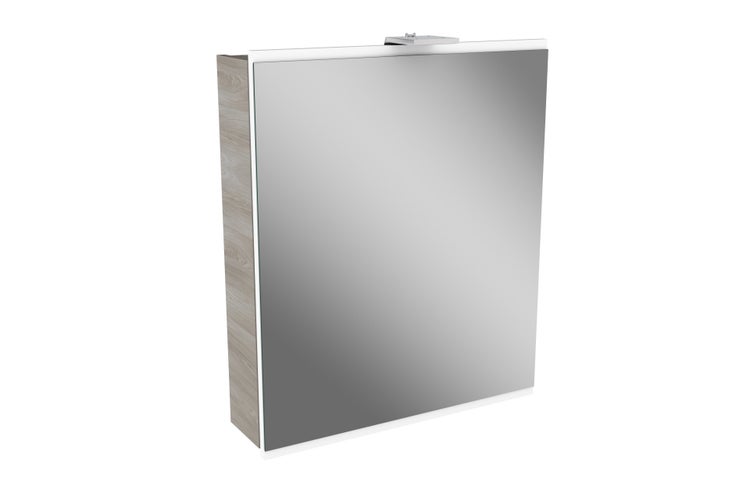 FACKELMANN LIMA Badmöbel Set 3 Teile / Gussmarmor Waschbecken / Waschbeckenunterschrank mit 2 Türen / LED Spiegelschrank / Badschrank mit Soft-Close / Korpus: Braun hell / Front: Weiß / Breite: 60 cm