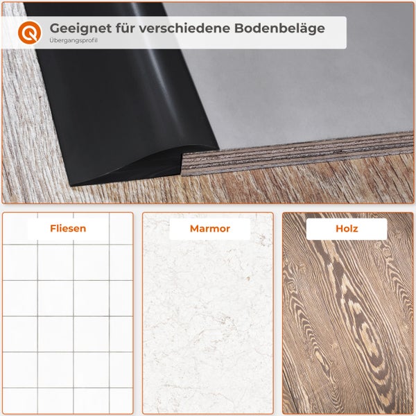 Übergangsprofil für Bodenbeläge wie Fliesen, Marmor und Holz, zur ästhetischen Verbindung verschiedener Bodenoberflächen geeignet.