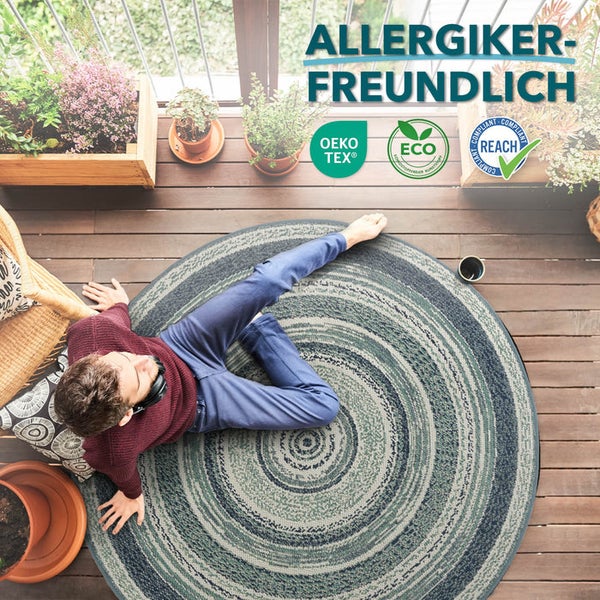 FLOORDIREKT Outdoorteppich - Wetterbeständiger Außenteppich - Zoe - Rund - Blau - ⌀120 cm