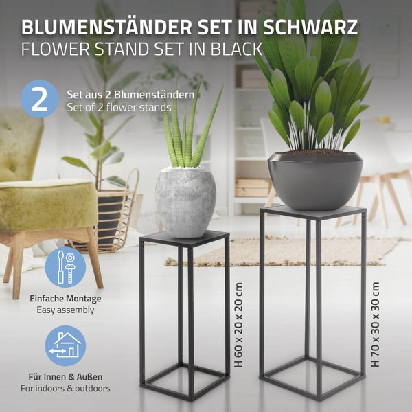 ML-Design Blumenständer im 2er Set, Schwarz, 20x60x20/30x70x30 cm, Moderne Blumentopfständer, Wetterfeste und robuste Pflanzenständer aus Metall, Blumentopfhalter 2-TLG, Blumenhocker Pflanztopf Deko