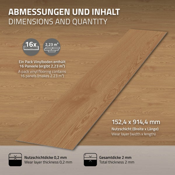 Technische Informationen zu Vinylbodenpaneelen: 16 Stück pro Paket, 2,23 Quadratmeter Gesamtfläche, Paneelmaße 152,4 x 914,4 Millimeter.