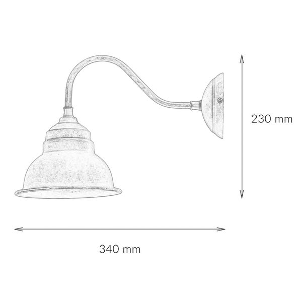 Technische Zeichnung einer Wandleuchte mit den Maßen 340 mm Breite und 230 mm Höhe.