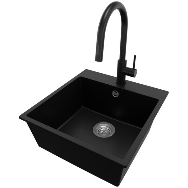 PRIMAGRAN Granitspüle Schwarz 48x50cm, Spülbecken 1 Becken + Küchenarmatur 40x20cm + Ablauf-Set, Küchenspüle ab 50er Unterschrank - Riga