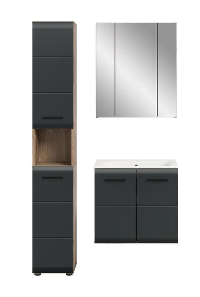 Badezimmermöbel-Set in Anthrazit und Eiche-Optik mit Hochschrank, Spiegelschrank und Waschtischunterschrank inklusive weißem Waschbecken.