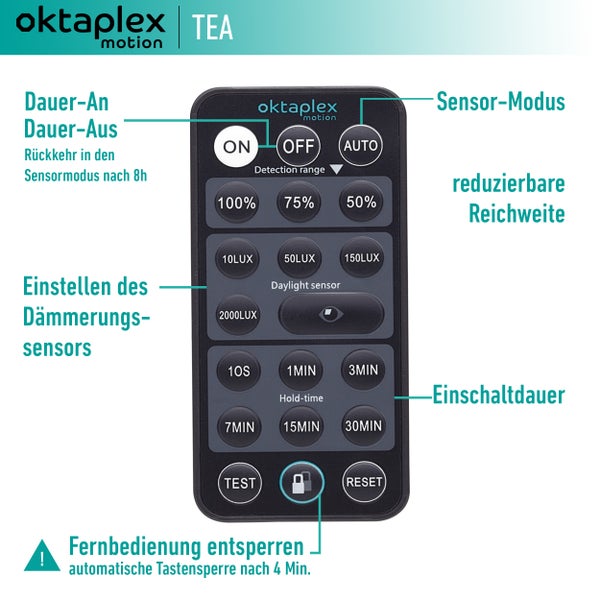 Oktaplex Tea Bewegungsmelder 360 Grad anthrazit inkl. Fernbedienung IP65 schwenkbar für Wand / Decke
