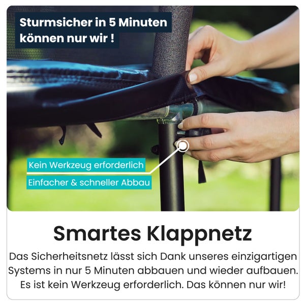 Detailaufnahme eines Sicherheitsnetzes für ein Trampolin, das sich ohne Werkzeug schnell auf- und abbauen lässt