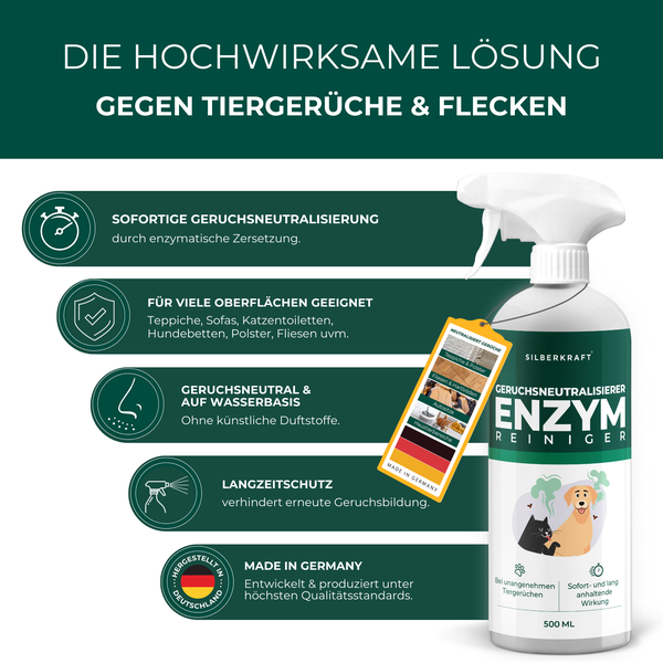 Silberkraft Enzymreiniger Spray 500 ml, Starker Geruchsentferner, Fertige Lösung gegen Hundeurin und Katzenurin, Geruchsneutralisierer sofort wirksam – Ideal für Katzenklos, Teppiche, Sofas und viel mehr