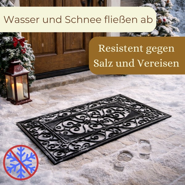 Dekorative Fußmatte vor einer Haustür im Winter mit Schnee