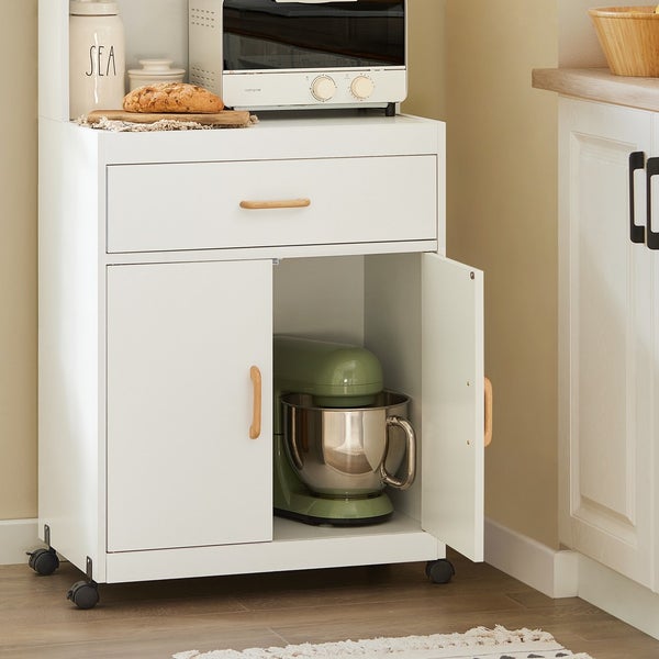 Küchenwagen mit Schublade, Schrankfächern und Rollen für zusätzlichen Stauraum in der Küche.