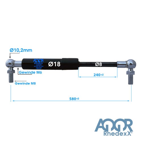 Rhedexx Gasdruckfeder, Länge 580 Millimeter, Hub 240 Millimeter, Durchmesser 18 und 8 Millimeter, Gewinde M6 und M8.