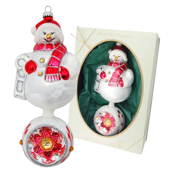 Eisweiß/Rot 20cm Doppelform Schneeman mit Reflex, Glasornament, mundgeblasen und handdekoriert, 1 Stck., Weihnachtsbaumkugeln, Christbaumschmuck, Weihnachtsbaumanhänger