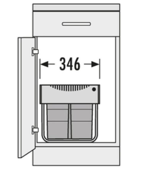 Schrank mit eingebautem Mülleimer und der Angabe 346 als Breitenmaß.